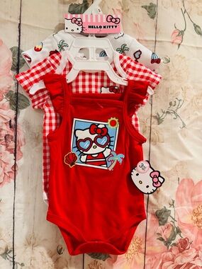 Hello Kitty Baby Girl Clothes 3 Bodysuit Set Red Beach Themed 9 Months NWT